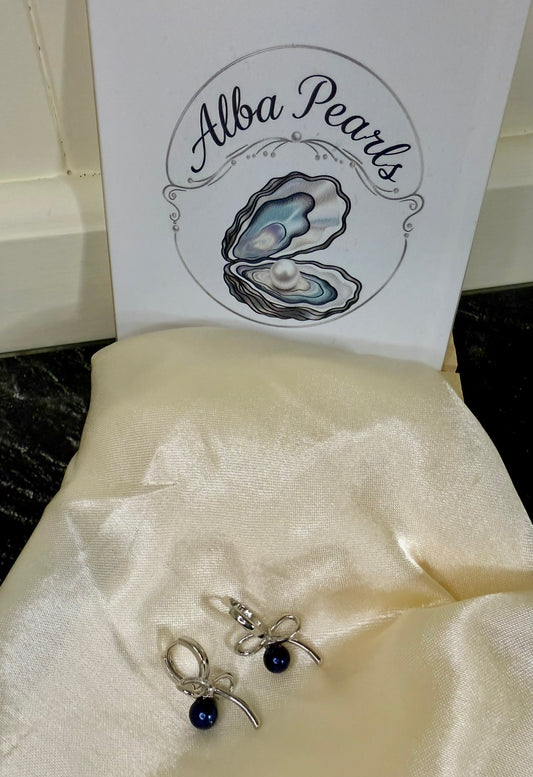 Bow Earrings - Dark Blue Pearls