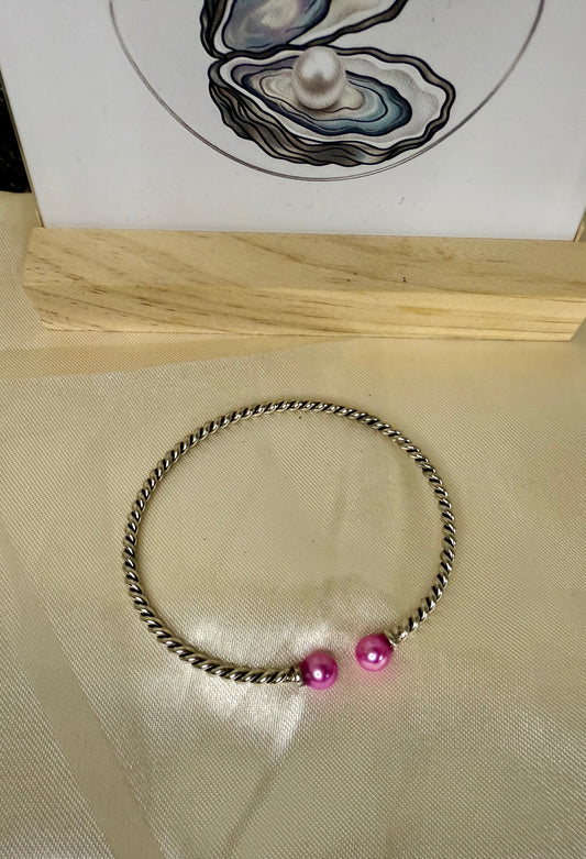 Double Pearl Twist Bangle - Pink Pearls