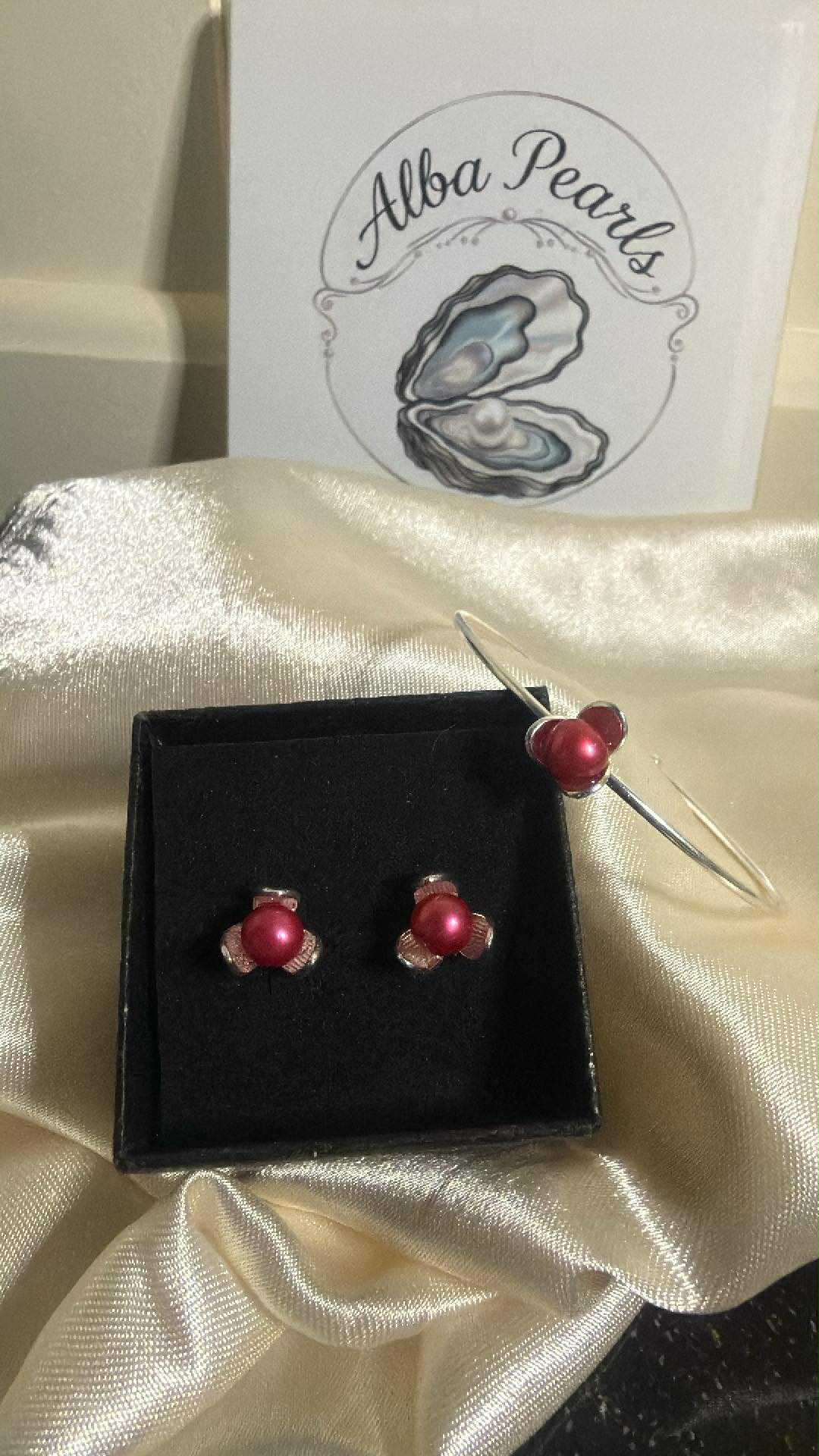 Flower Earrings & Bangle Bundle - Pinky Red metallic Pearls