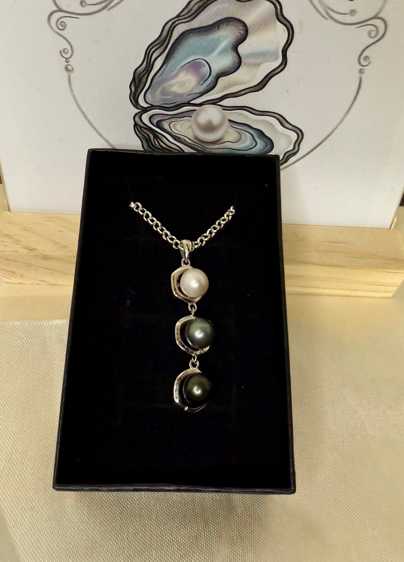 Triple Pearl Necklace — White, Grey and Black Pearls