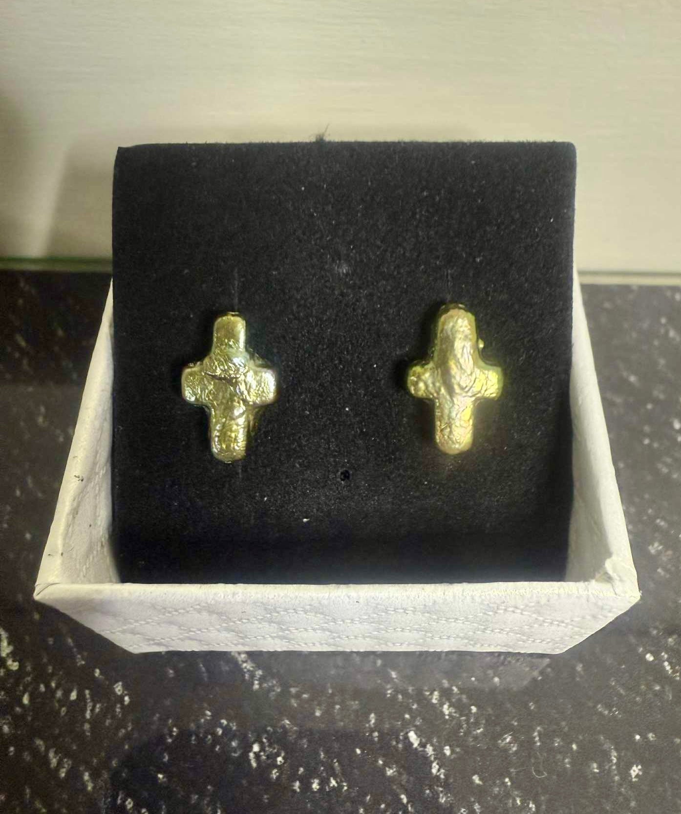 Green Baroque Cross Earrings