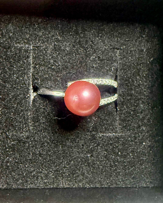 Double Band Cubic Zirconia detail Ring - Deep Pink Pearl