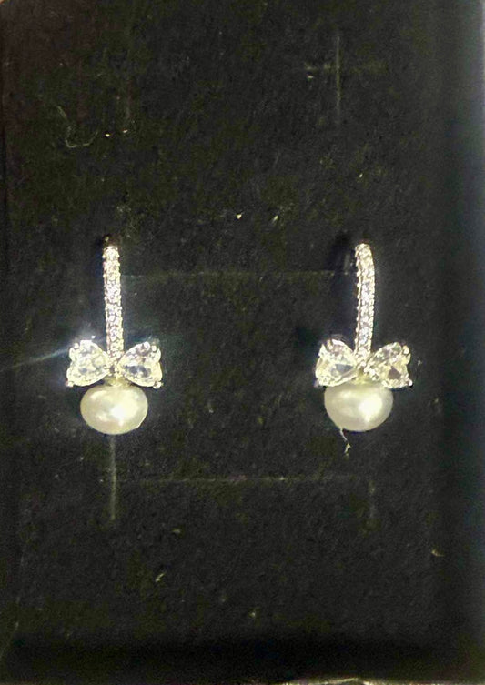 Bow Drop Earrings – White Button Pearls