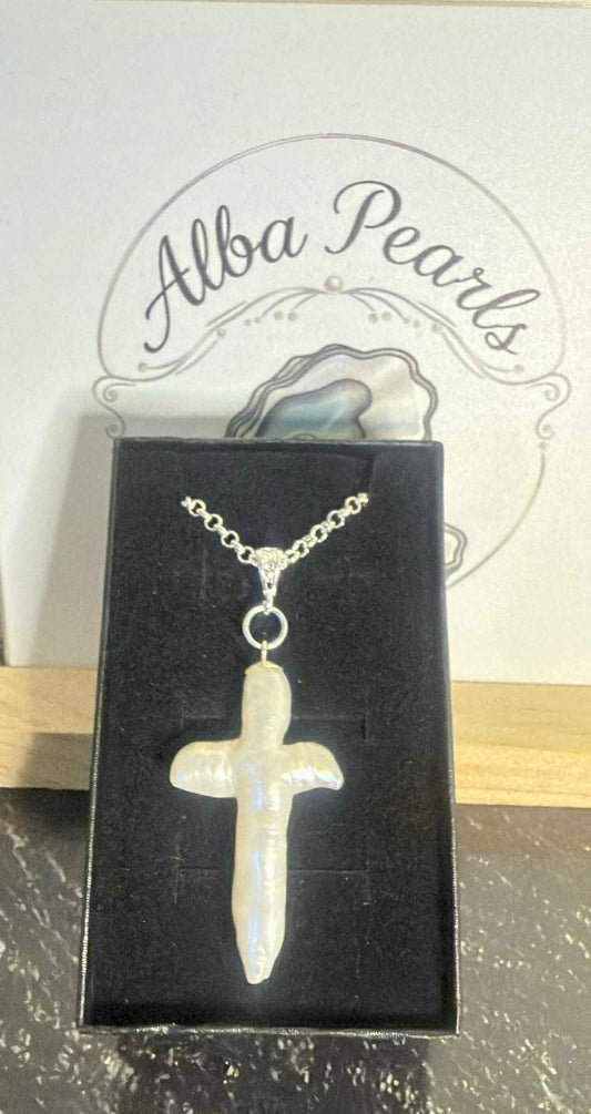 White Baroque Cross Pendant Necklace
