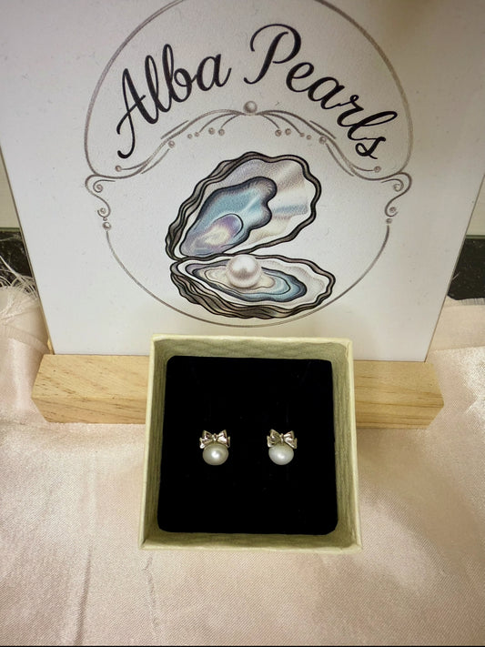Bow Stud Earrings - white button pearls